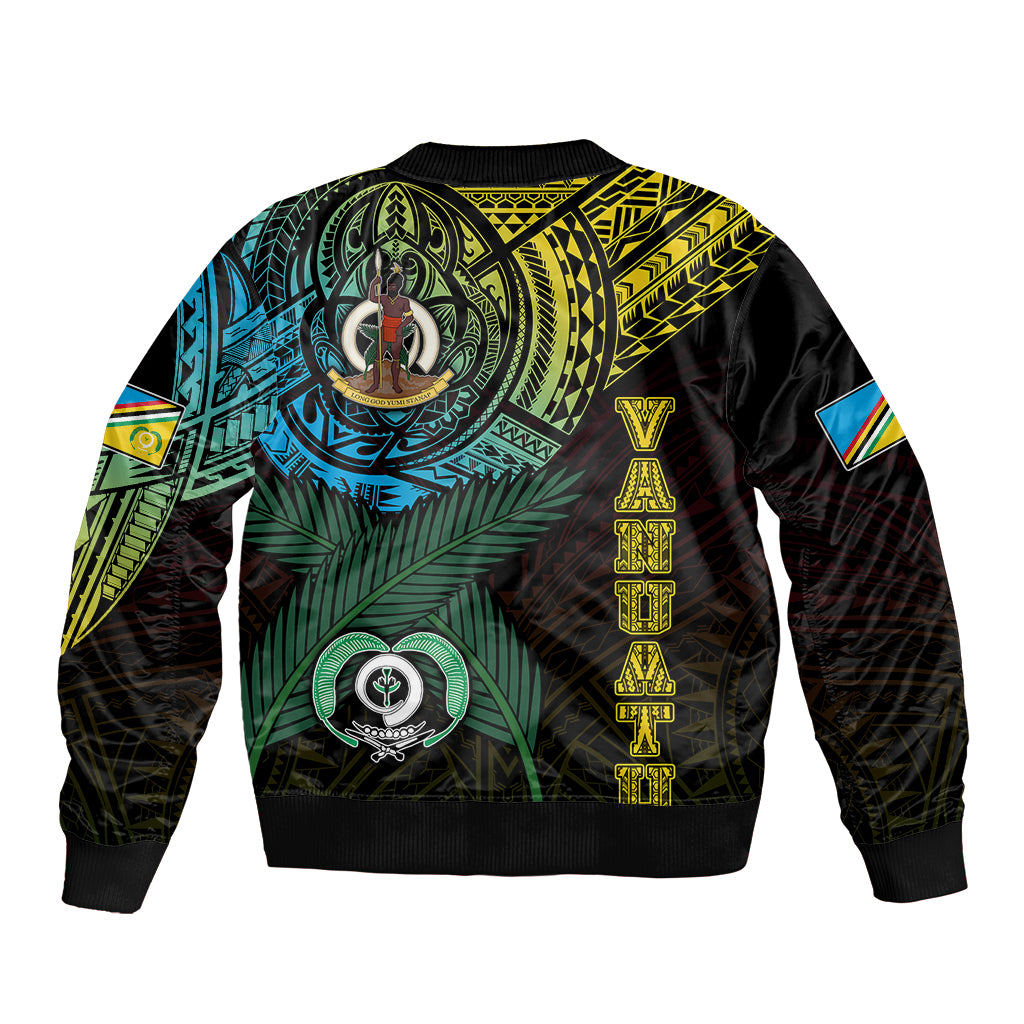 Black bomber jacket back with large tribal emblem and striped accents, ribbed cuffs