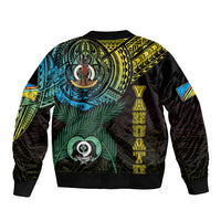 Black bomber jacket back with large tribal emblem and striped accents, ribbed cuffs