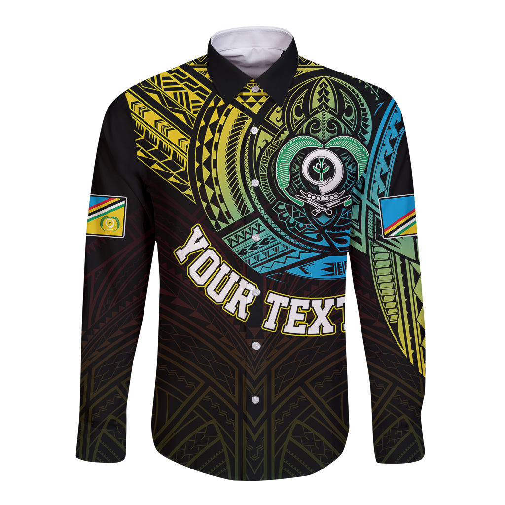 Black long-sleeve button shirt with colorful Vanuatu-style chest graphic and flags