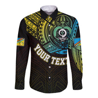 Black long-sleeve button shirt with colorful Vanuatu-style chest graphic and flags