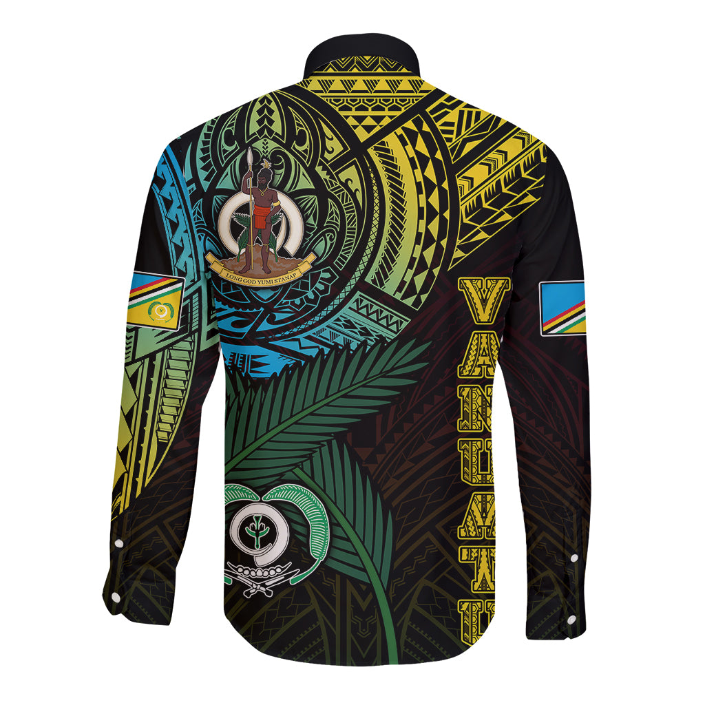 Black long-sleeve button shirt with colorful back print, Vanuatu motifs and flag patch