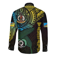 Black long-sleeve button shirt with colorful back print, Vanuatu motifs and flag patch