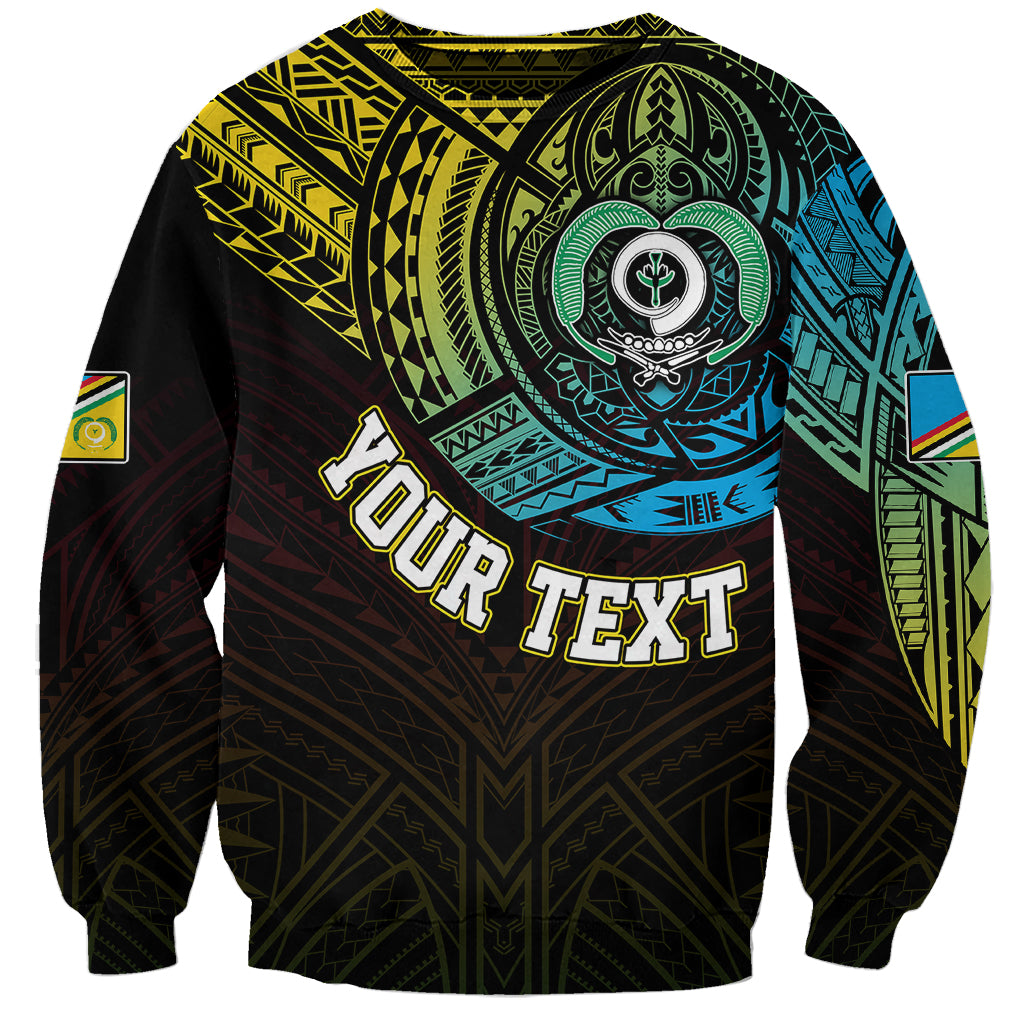 Black crewneck sweatshirt with colorful tribal turtle chest graphic and flag patch sleeve