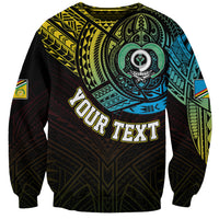 Black crewneck sweatshirt with colorful tribal turtle chest graphic and flag patch sleeve