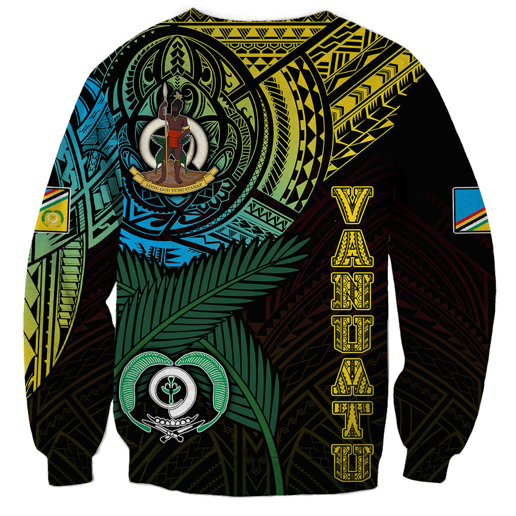 Black crewneck sweatshirt with large back tribal print and Vanuatu flag sleeve patch
