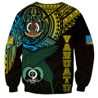 Black crewneck sweatshirt with large back tribal print and Vanuatu flag sleeve patch