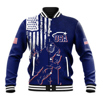 Blue baseball jacket with USA grunge flag graphic, varsity ribbed collar and striped cuffs