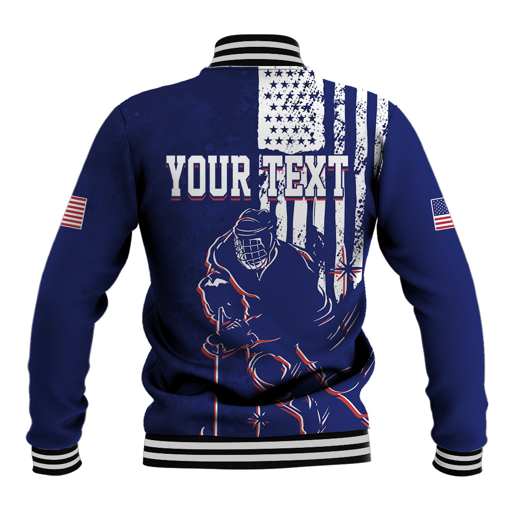 Blue baseball jacket back with 'YOUR TEXT' print, USA grunge flag graphic, ribbed striped hem
