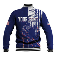 Blue baseball jacket back with 'YOUR TEXT' print, USA grunge flag graphic, ribbed striped hem