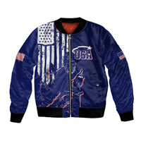 Blue satin bomber jacket with USA flag grunge front, ice hockey graphic, zip front