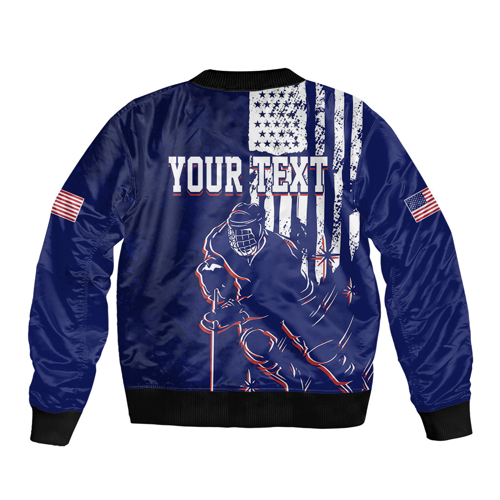 Blue bomber jacket back with ice hockey USA flag graphic and 'YOUR TEXT' print