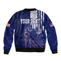 Blue bomber jacket back with ice hockey USA flag graphic and 'YOUR TEXT' print