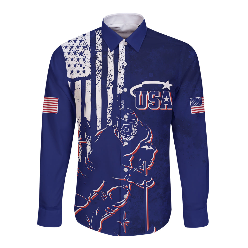 Blue long-sleeve button-up shirt with USA flag grunge print and hockey goalie graphic