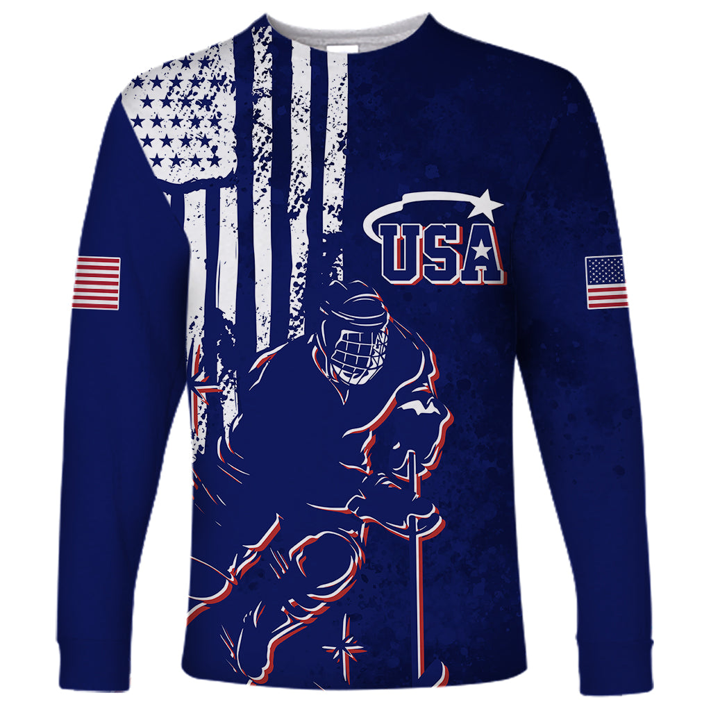 Personalised USA Ice Hockey Long Sleeve Shirt Flag Grunge Style - Wonder Print Shop