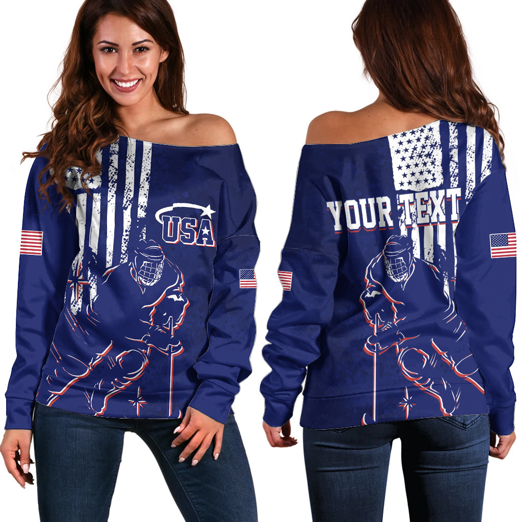 Personalised USA Ice Hockey Off Shoulder Sweater Flag Grunge Style - Wonder Print Shop