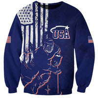 Blue ice hockey sweatshirt with USA flag grunge print and hockey player graphic