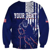 Blue ice hockey sweatshirt with 'YOUR TEXT' back graphic, flag stripes, goalie