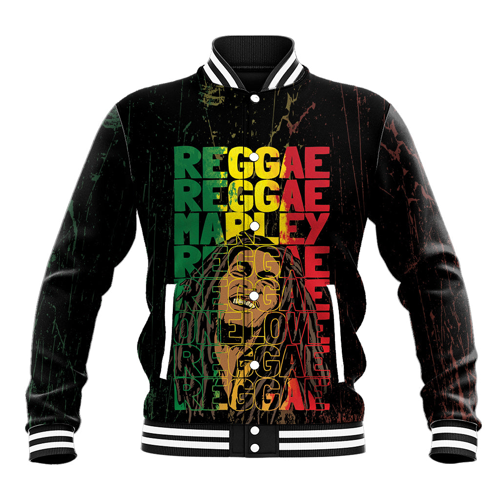 Black unisex baseball jacket with striped ribbed collar and front grunge reggae graphic