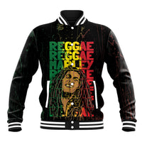 Black unisex baseball jacket with striped ribbed collar and front grunge reggae graphic