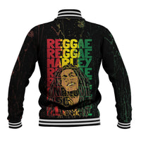 Black unisex baseball jacket with striped ribbed cuffs and back grunge reggae graphic