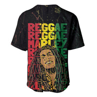 Black baseball jersey back with 'REGGAE MARLEY' and 'ONE LOVE' grunge graphic