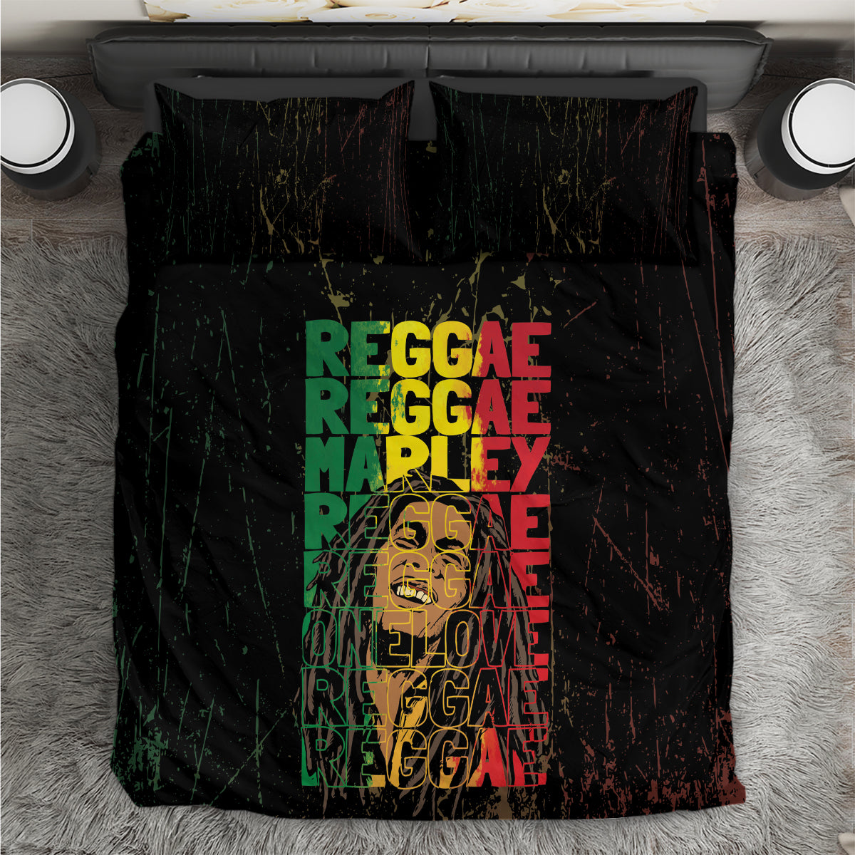 Black bedding set with grunge 'REGGAE' typography in green, red, and yellow