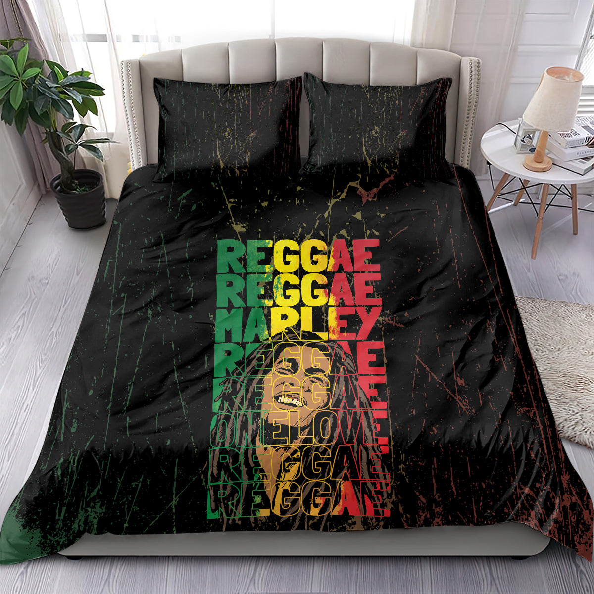 Black bedding set with two pillow covers and grunge 'REGGAE' typography in green/red