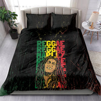 Black bedding set with two pillow covers and grunge 'REGGAE' typography in green/red