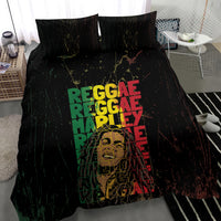 Black bedding set showing 'REGGAE' grunge typography panel in green and red