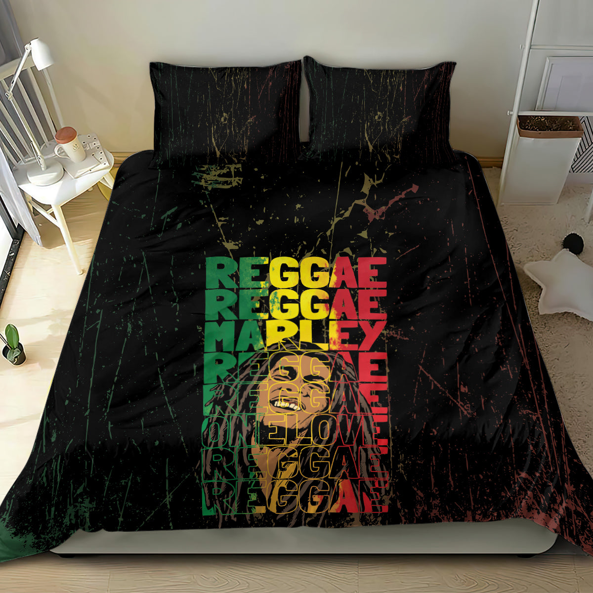 Black bedding set with grunge 'REGGAE' typography and two matching pillow covers