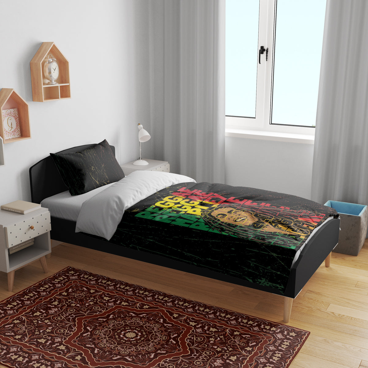 Black bedding set with grunge 'REGGAE' typography in a multicolor green/red/yellow design