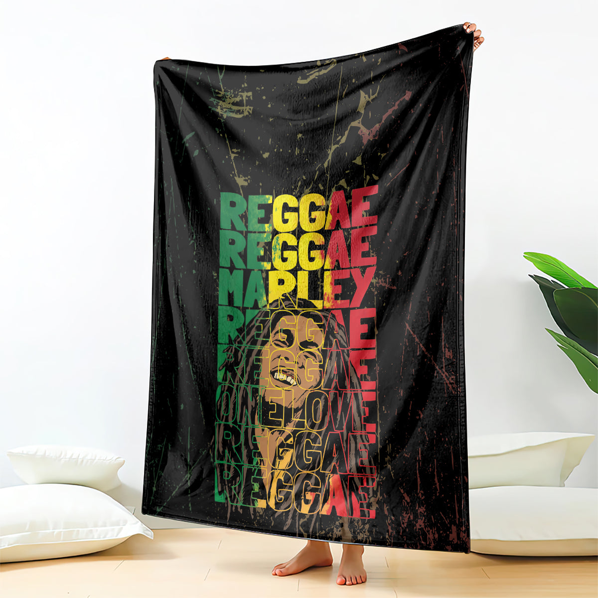 Black reggae blanket hanging backdrop style, featuring bold green stacked lettering