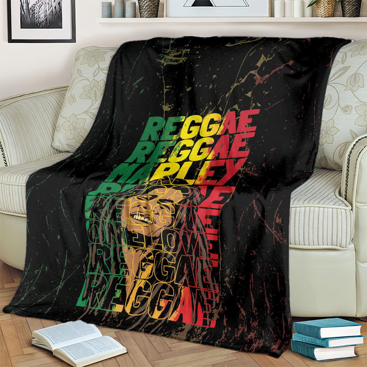 Black reggae blanket over a sofa, colorful green and red lettering design