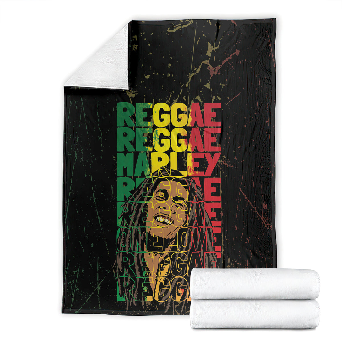 Black reggae-themed blanket with stacked green, red, and yellow lettering, folded for display