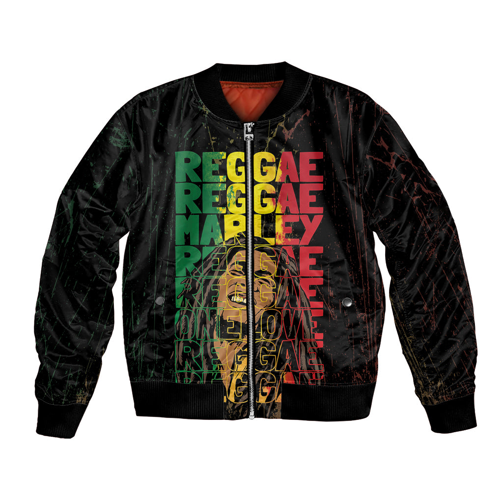 Unisex black bomber jacket with front zipper and Reggae typeset graphic print