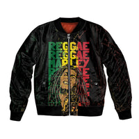 Unisex black bomber jacket with front zipper and Reggae typeset graphic print