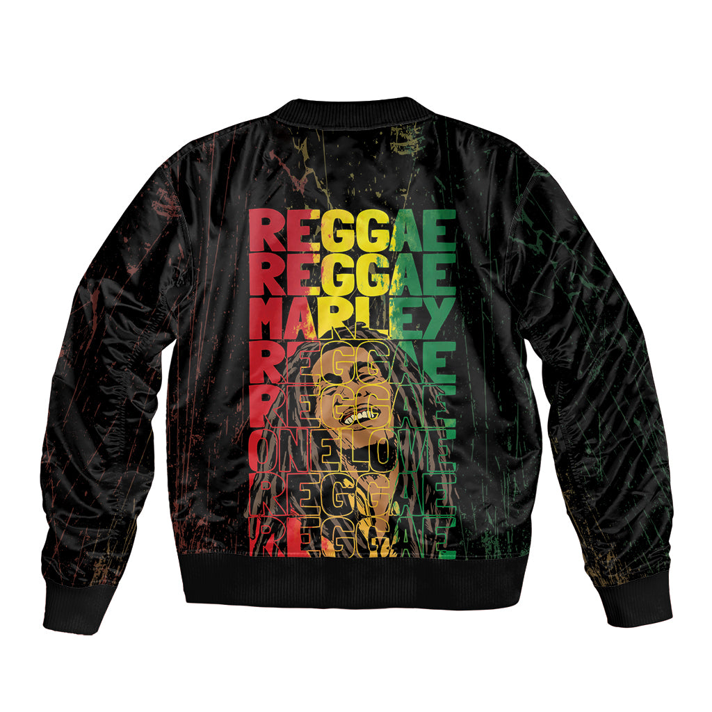 Unisex black bomber jacket with ribbed hem and back Reggae typeset graphic print
