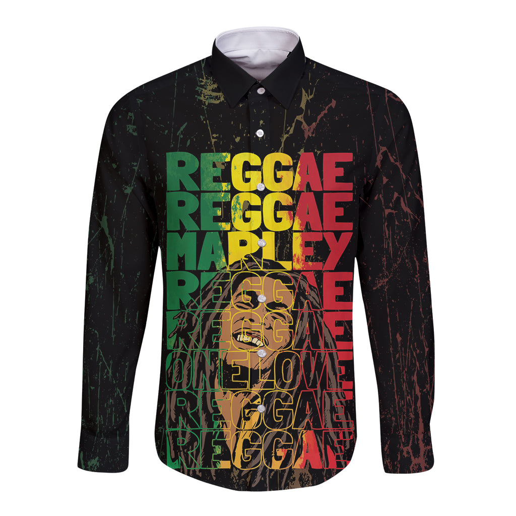 Black long-sleeve button shirt with bold Reggae Marley grunge type front