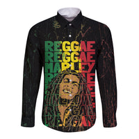 Black long-sleeve button shirt with bold Reggae Marley grunge type front