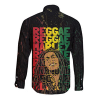 Black long-sleeve button shirt with Reggae Marley grunge text on back