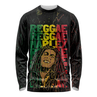 Black long-sleeve shirt with layered 'REGGAE MARLEY' type print, grunge style.