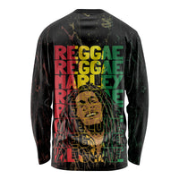 Black long-sleeve shirt with back 'REGGAE MARLEY' layered type print, grunge splatter.
