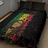 Black quilt bed set with colorful reggae text and face graphic across the quilt, diamond quilting