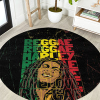 Round black grunge carpet with layered 'REGGAE' graphic and multicolor text
