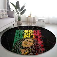 Round black grunge carpet with centered 'REGGAE' and 'ONE LOVE' typography