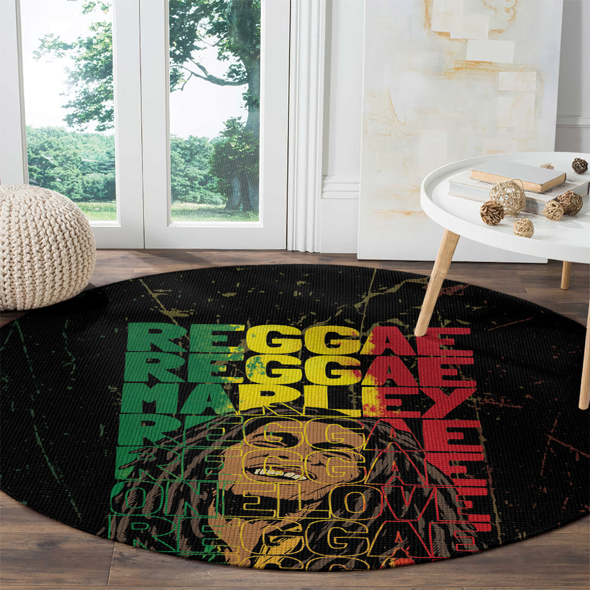 Round black grunge carpet with multicolor 'REGGAE' grid design and 'ONE LOVE'