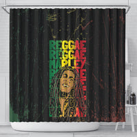 Black shower curtain with centered multicolor grunge 'REGGAE MARLEY' lettering.