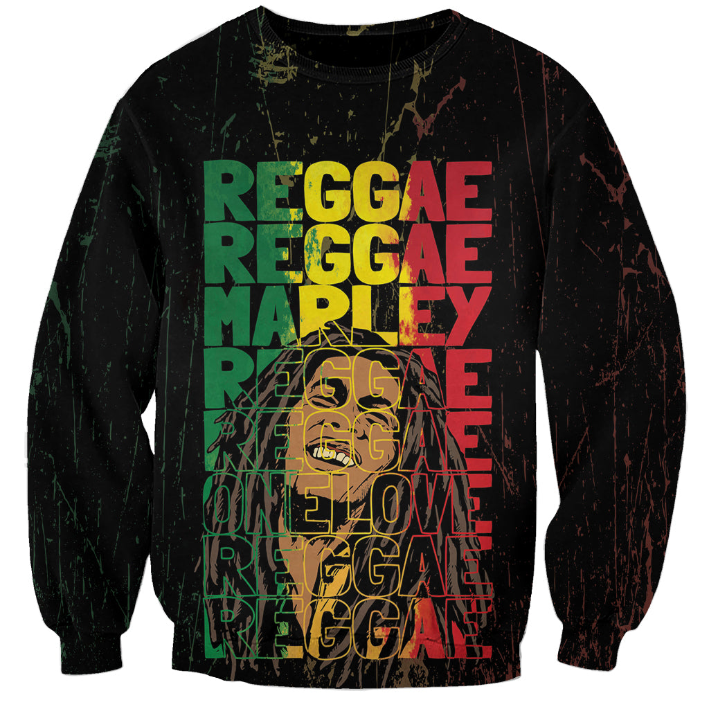 Unisex sweatshirt in dark with distressed 'REGGAE MARLEY' and 'ONE LOVE' graphic