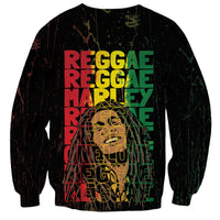Unisex dark sweatshirt with centered multicolor grunge text 'REGGAE' and 'ONE LOVE'