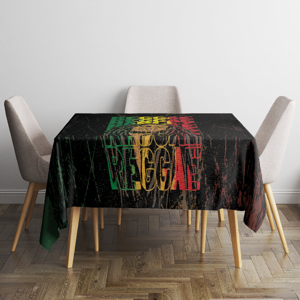 Black rectangular tablecloth featuring multicolor reggae-style lettering on the center.